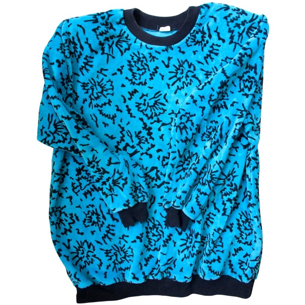 Vintage 80s Velour Sweatshirt Womens L/XL Teal Abstract Funky Dopamine Wacky Y2K